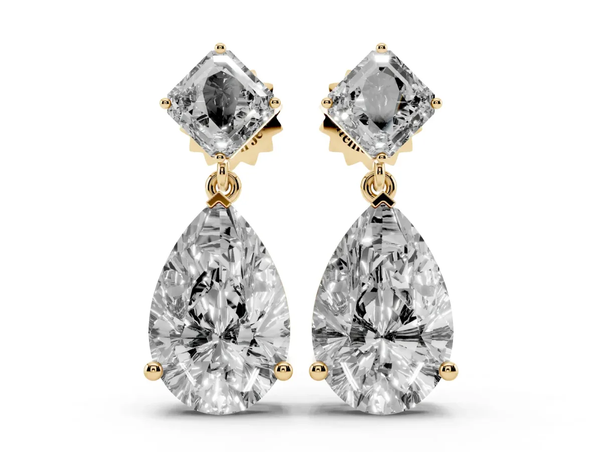 Princess and Pear Diamond Drop Earrings Yellow gold