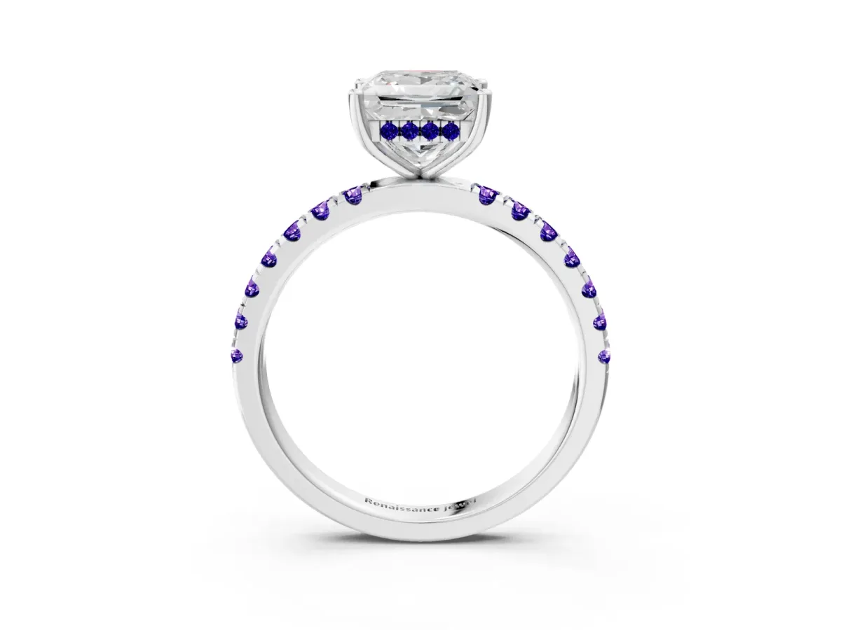 Princess Cut Diamond Pave Band Solitaire Ring with Round Tanzanite and Prong Setting Silver