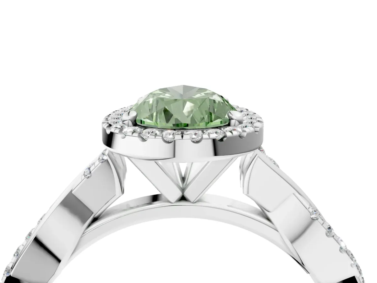 Fancy Green Pear Cut Cut Halo Twisted Band Four-Prong Ring Platinum
