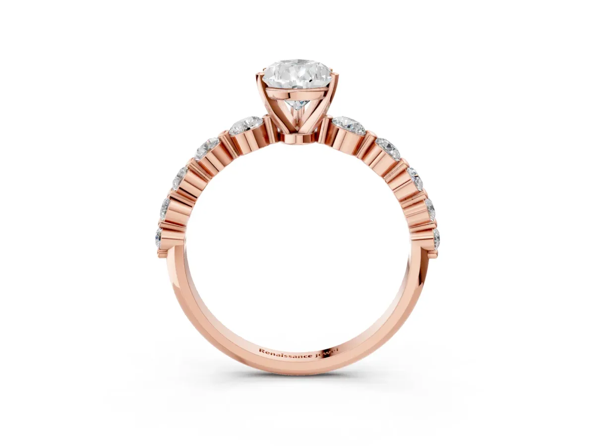 Pear Cut Solitaire Diamond Ring with Pave Band and Four-Prong Setting Rose gold