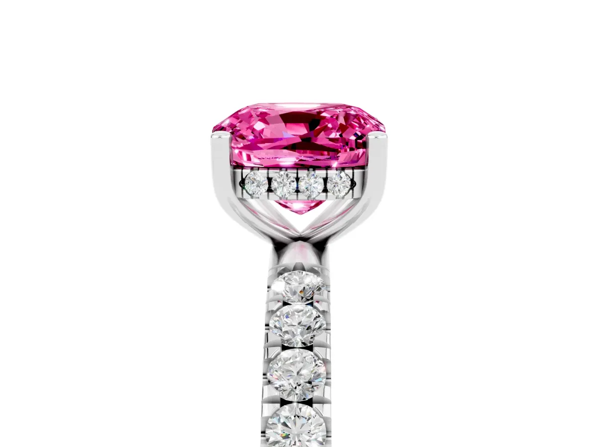 Cushion Cut Pink Sapphire Pave Band Solitaire Ring with Round and Prong Setting Silver