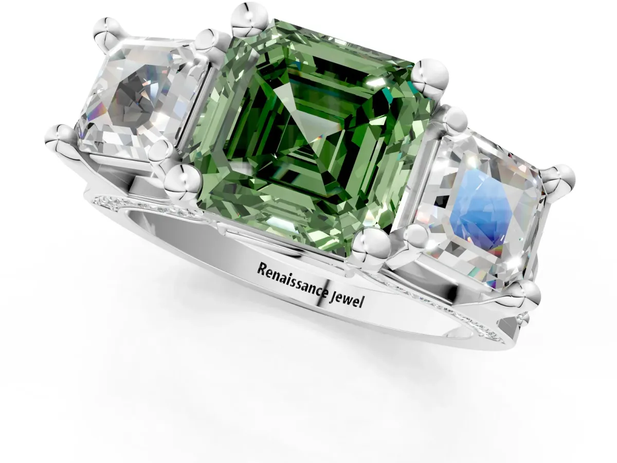 Fancy Green Asscher Cut Diamond Three-Stone Ring with Channel Set Band and Four-Prong Setting Platinum