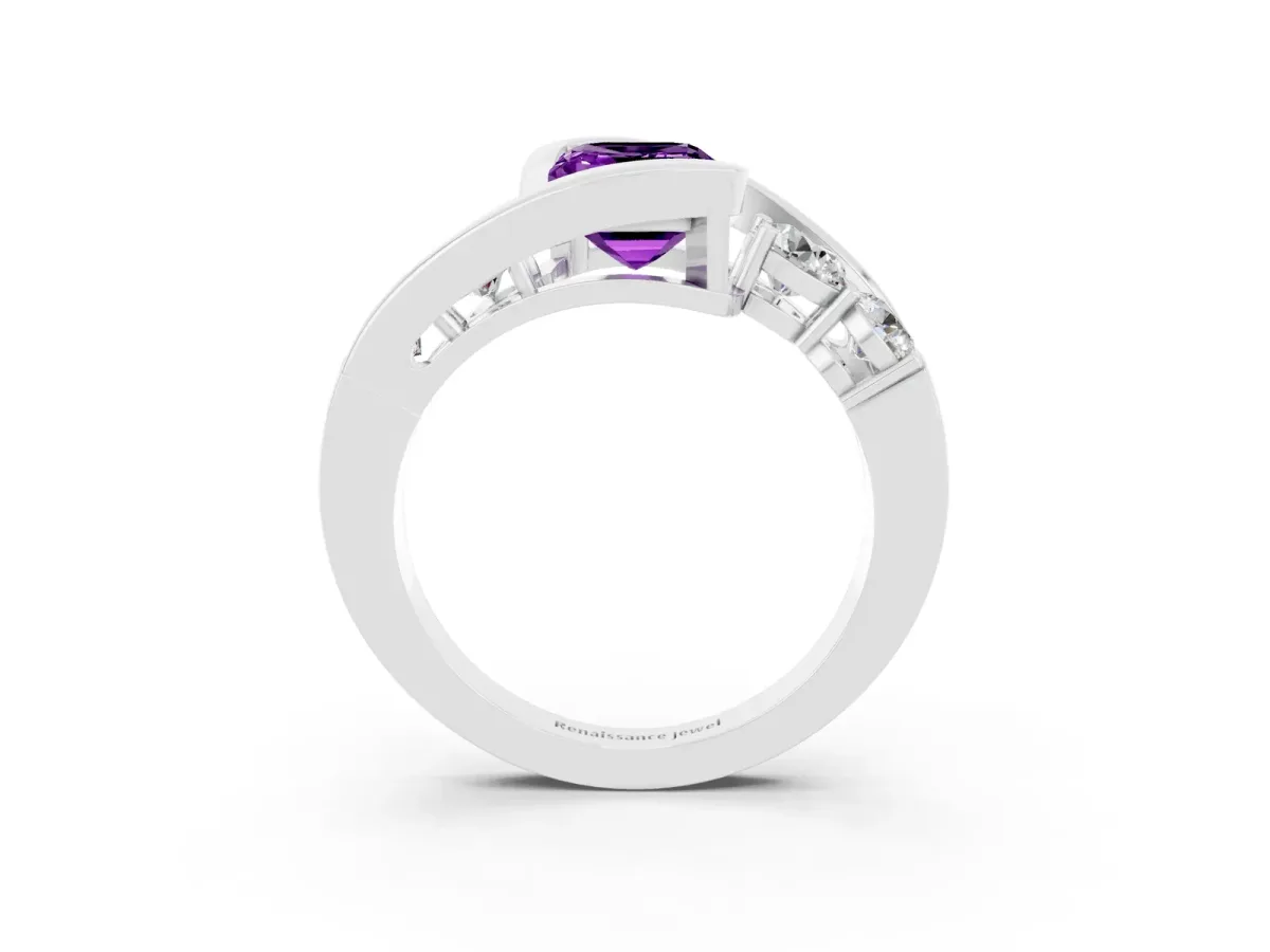 Bezel Set Emerald Cut Amethyst Bypass Ring with Round Accents Silver