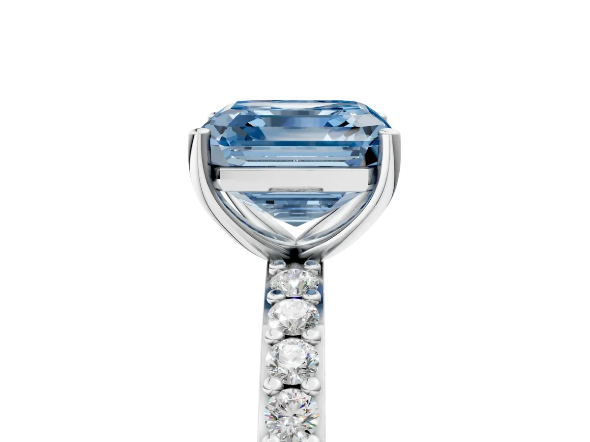 Fancy Blue Asscher Cut Cut Diamond Solitaire with Pave Band and Four-Prong Setting Platinum