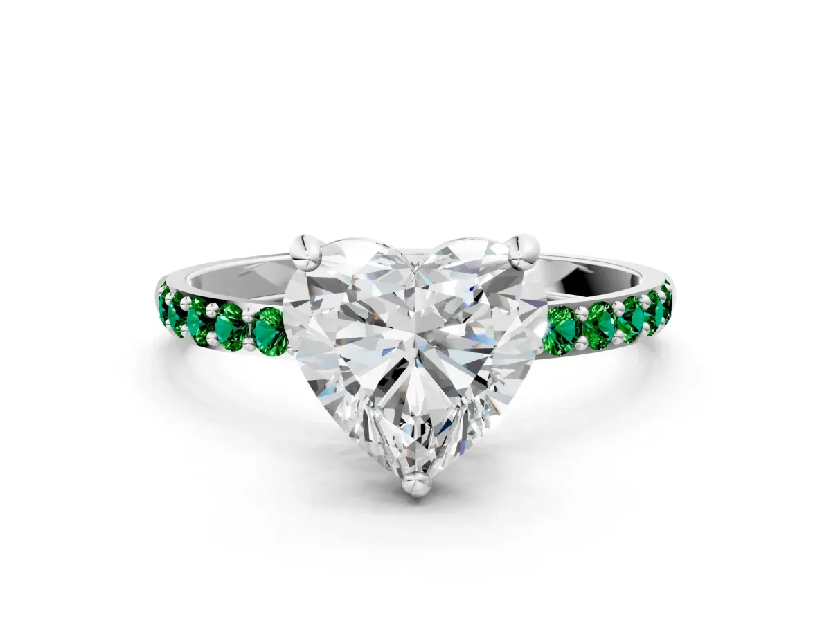 Heart Cut Diamond Solitaire Ring with Round Emerald Pavé Band and Prong Setting Silver