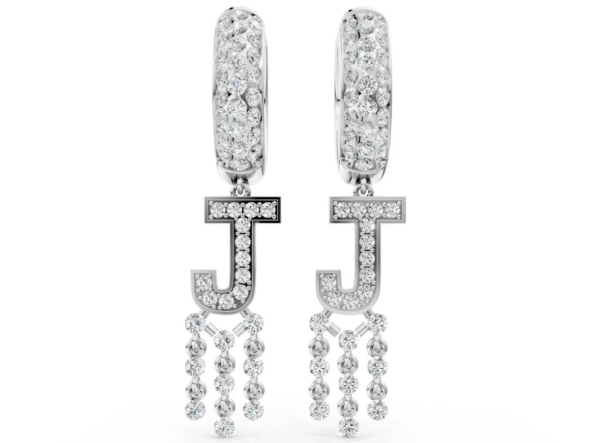 Round Diamond Initial J Huggie Hoop Earrings Platinum