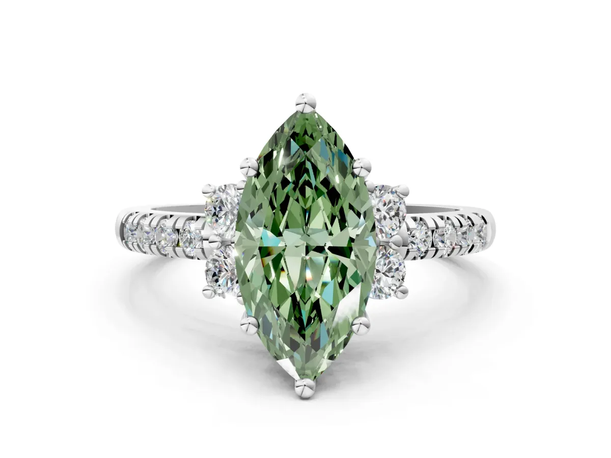 Fancy Green Marquise Cut Diamond Three-Stone Pave Band with Four-Prong Setting Silver