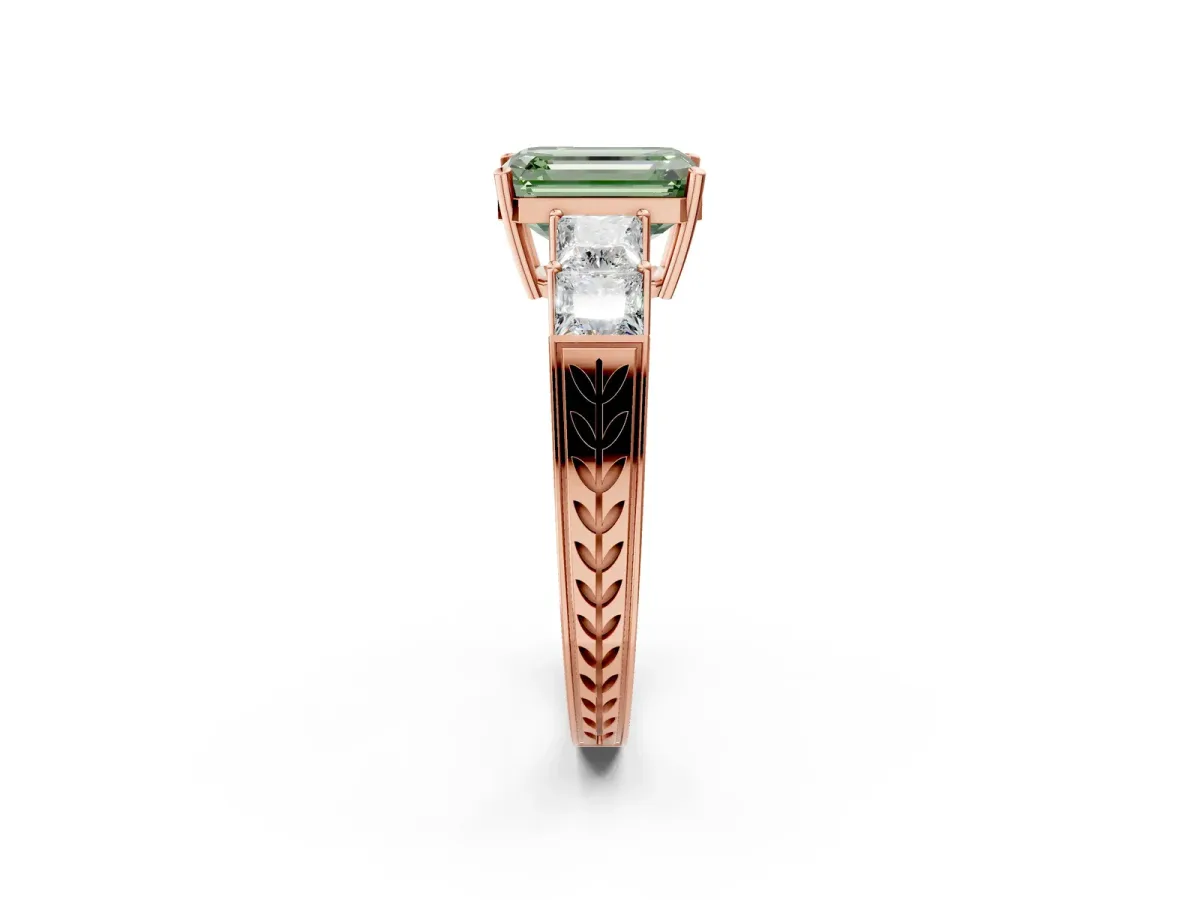 Fancy Green Emerald Cut Solitaire Princess Side Stone Engraved Band Prong Setting Ring Rose gold