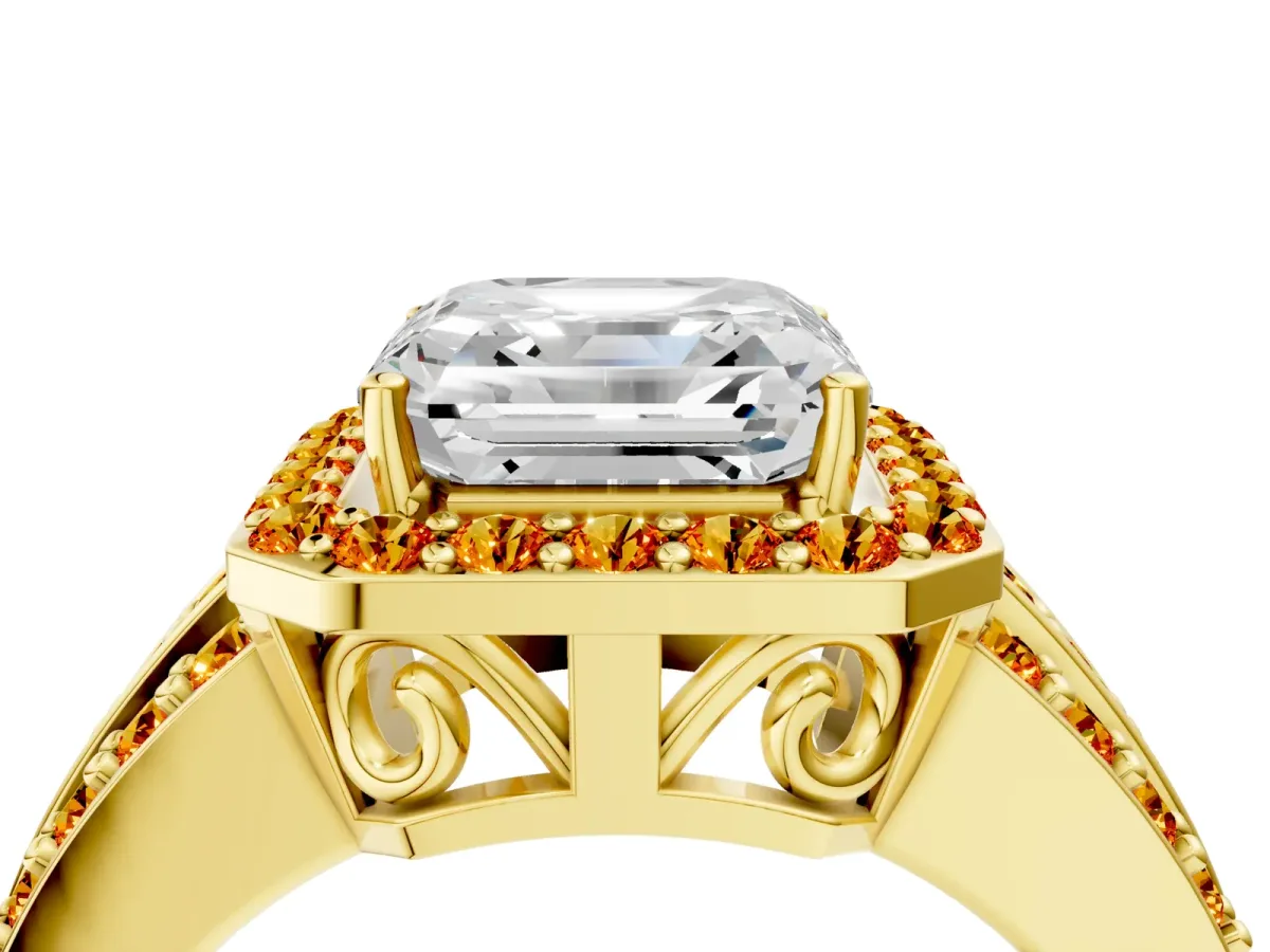 Asscher Cut Halo Diamond Ring with Round Citrine Split Shank and Prong Setting Yellow gold