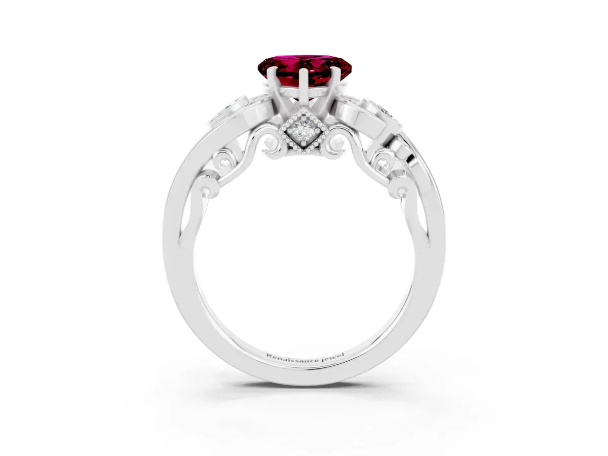 Heart Cut Garnet Solitaire Ring with Milgrain Pavé Band and Four-Prong Setting Silver