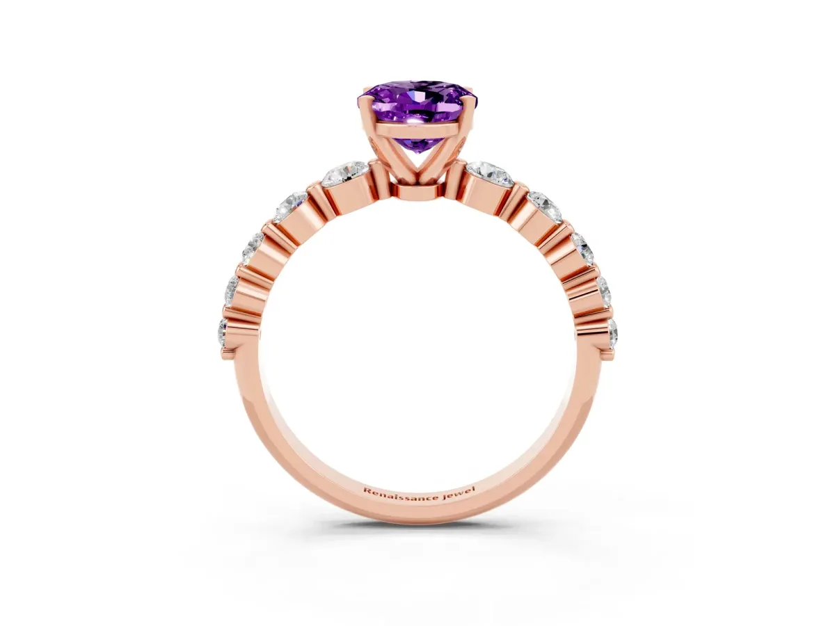 Oval Cut Solitaire Amethyst Ring with Pave Band and Four-Prong Setting Rose gold