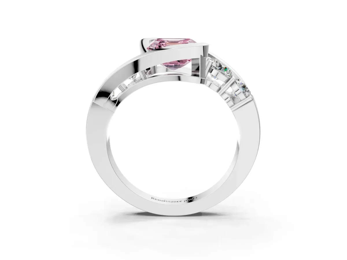 Fancy Pink Bezel Set Asscher Cut Diamond Bypass Ring with Round Accents Silver