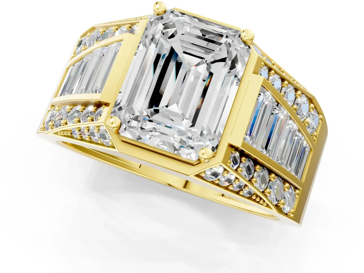 Emerald Cut Diamond Mens Ring with Baguette Side Stones Yellow gold