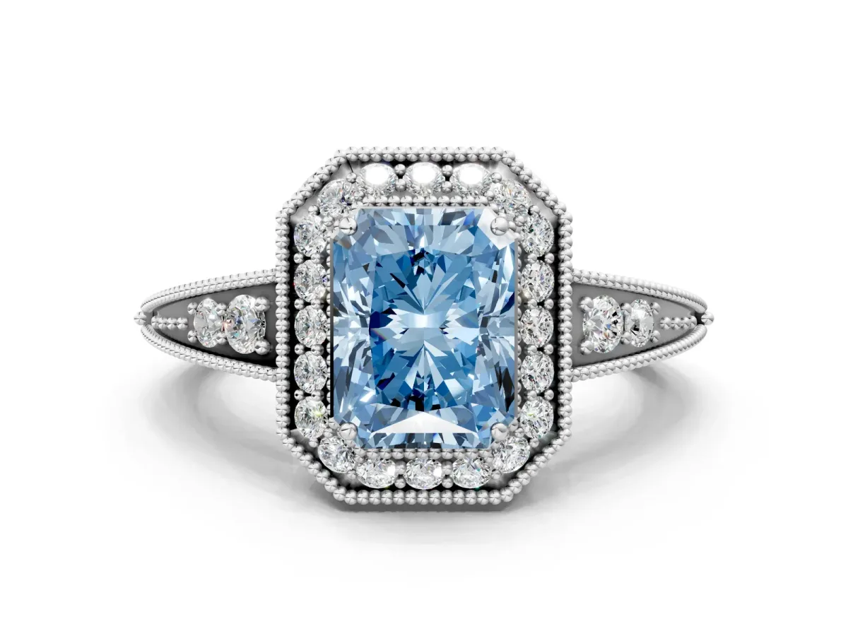 Fancy Blue Radiant Cut Halo Diamond Split Shank Ring with Milgrain Detail Platinum