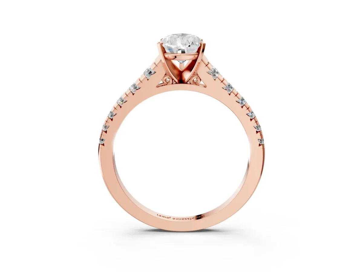Pear Cut Diamond Cathedral Solitaire Ring with Round Pavé Band Rose gold