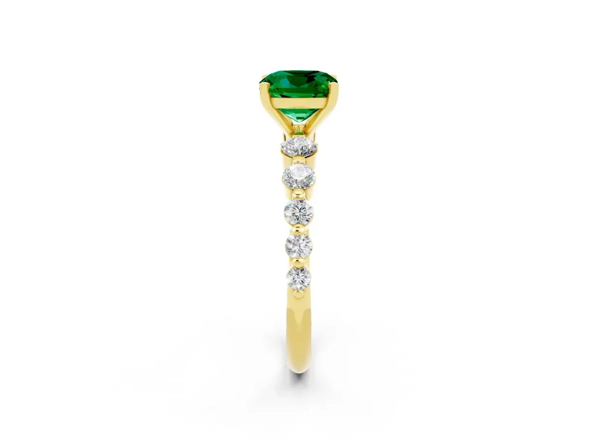 Cushion Cut Solitaire Emerald Ring with Pave Band and Four-Prong Setting Yellow gold