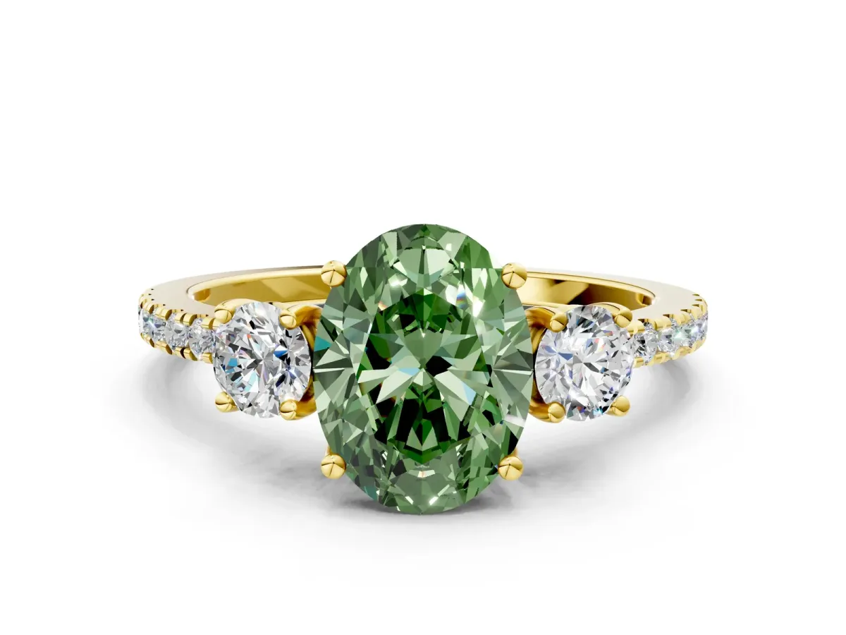 Fancy Green Three-Stone Oval Cut Cut Diamond Pavé Band with Prong Setting Yellow gold
