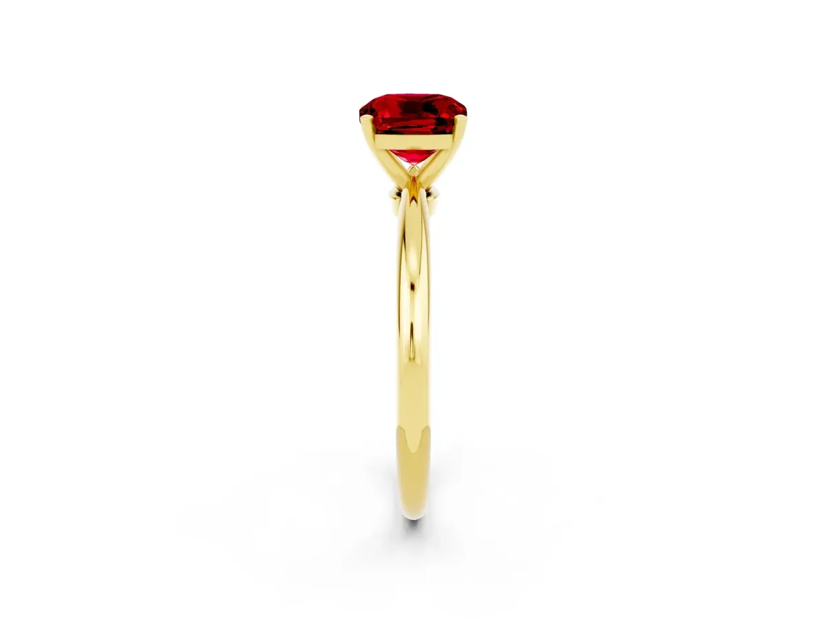 Cushion Cut Ruby Solitaire Ring with Six-Prong Setting and Classic Band Yellow gold