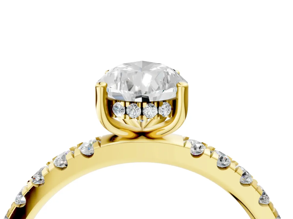 Pear Cut Diamond Pave Band Solitaire Ring with Round and Prong Setting Yellow gold