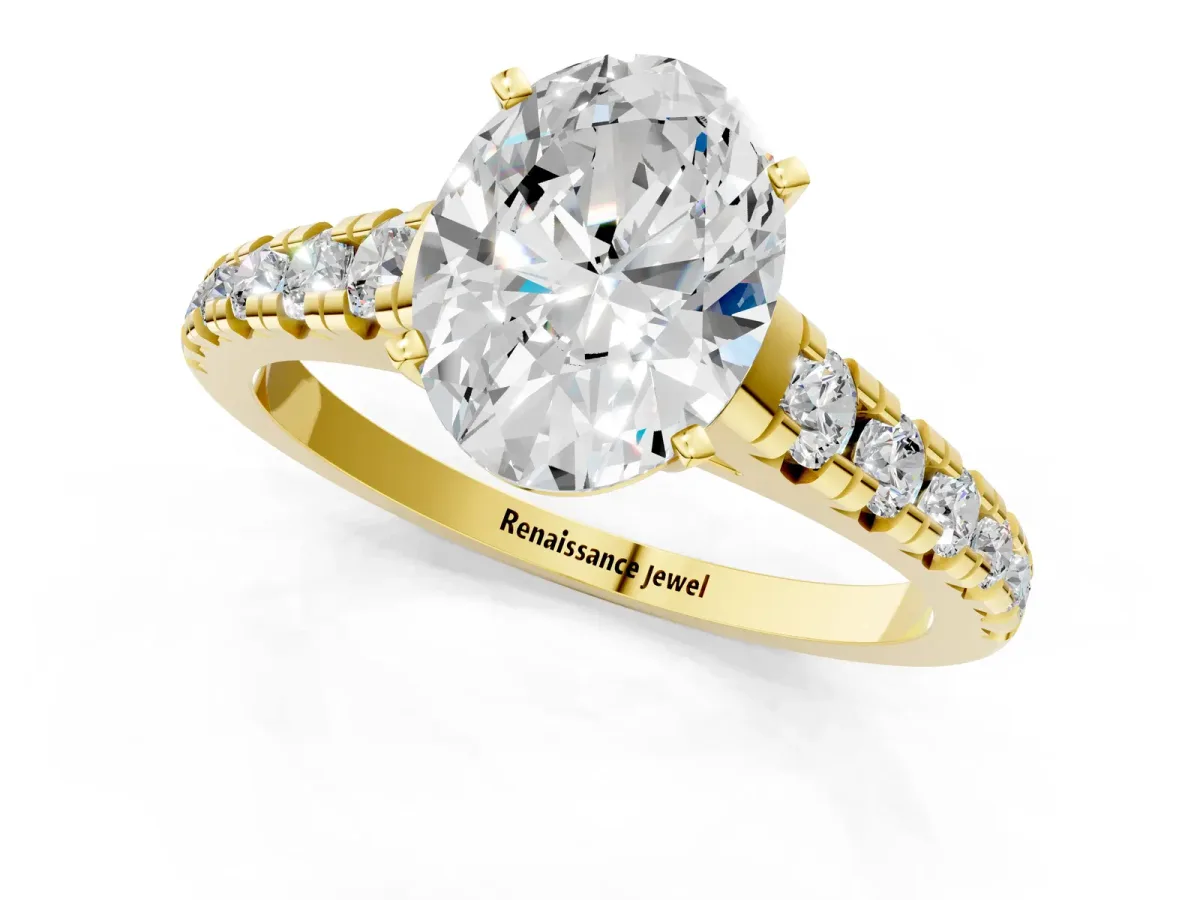Oval Cut Diamond Cathedral Solitaire Ring with Round Pavé Band Yellow gold