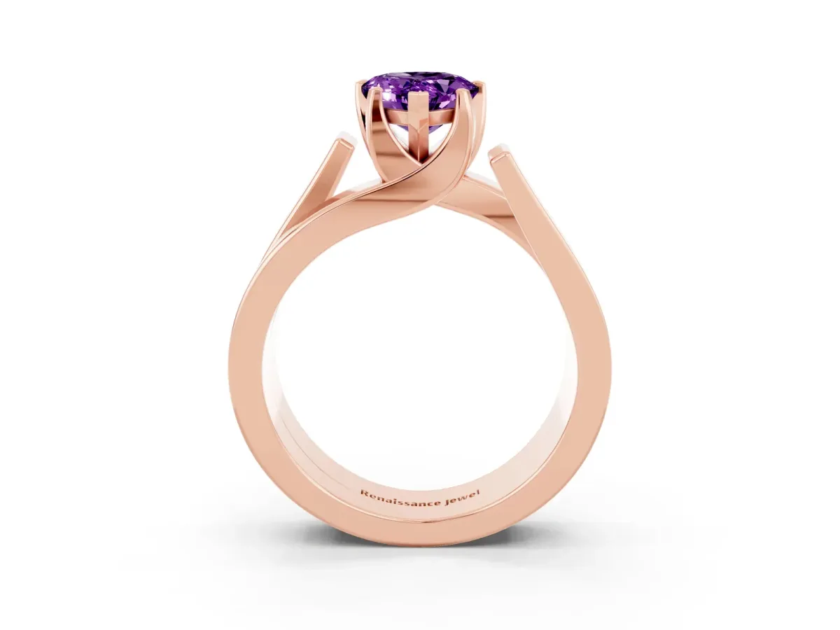 Modern Tension Set Pear Cut Amethyst Solitaire Wide Band Ring Rose gold