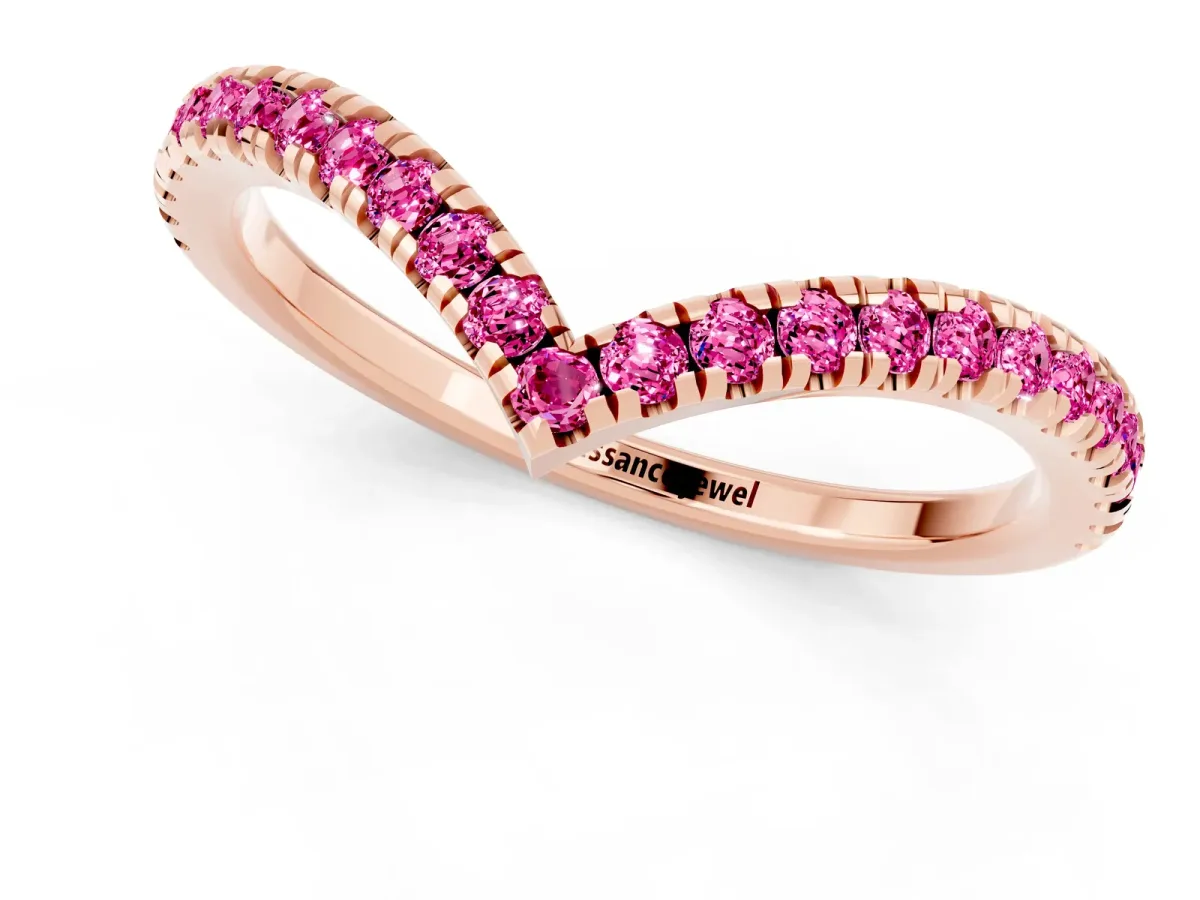 Pavé Round Pink Sapphire V-Shaped Chevron Band with Shared Prong Setting Rose gold