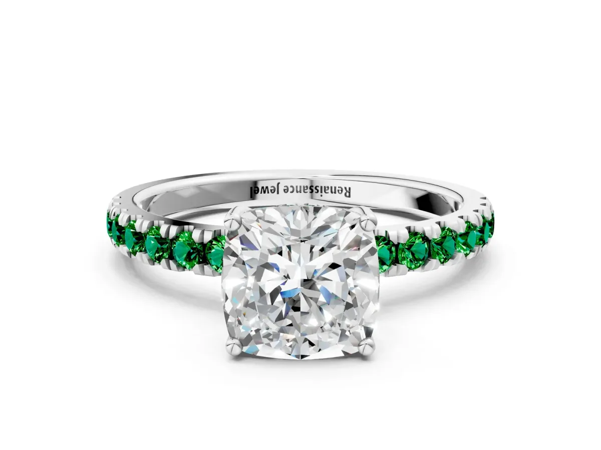 Cushion Cut Diamond Pave Band Solitaire Ring with Round Emerald and Prong Setting Platinum