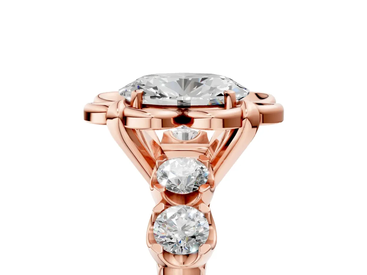 Oval Cut Cut Diamond Floral Halo Engagement Ring with Shared Prong Setting Rose gold