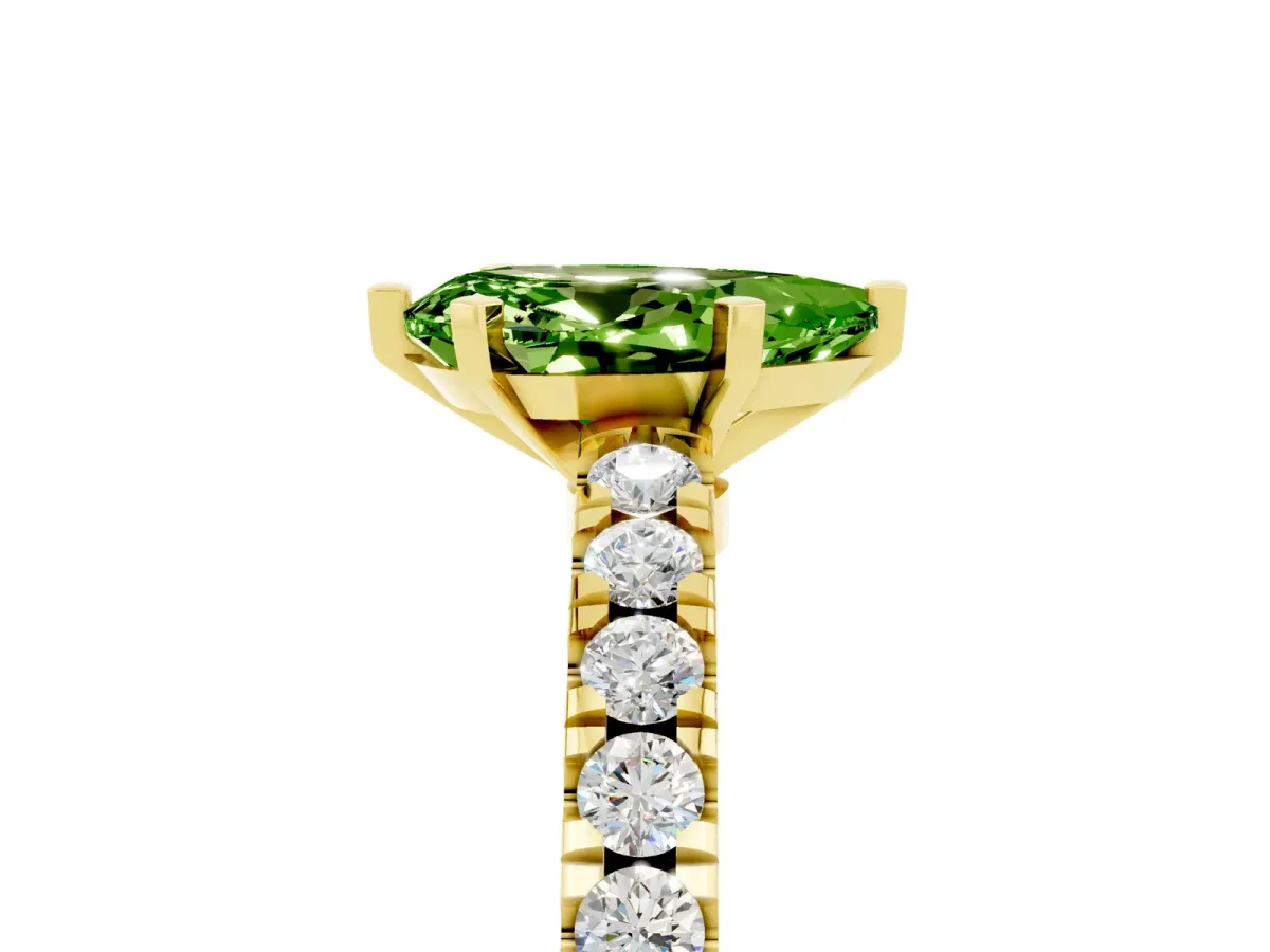 Pear Cut Solitaire Peridot with Pavé Band and Four-Prong Setting Yellow gold