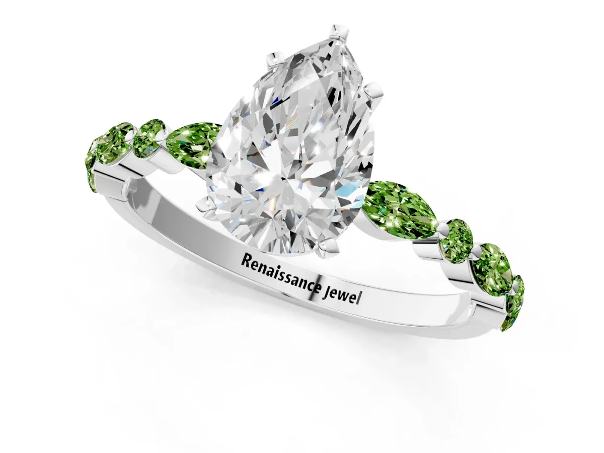 Pear Cut Diamond Ring with Marquise and Round Peridot Side Stones and Four-Prong Setting Silver