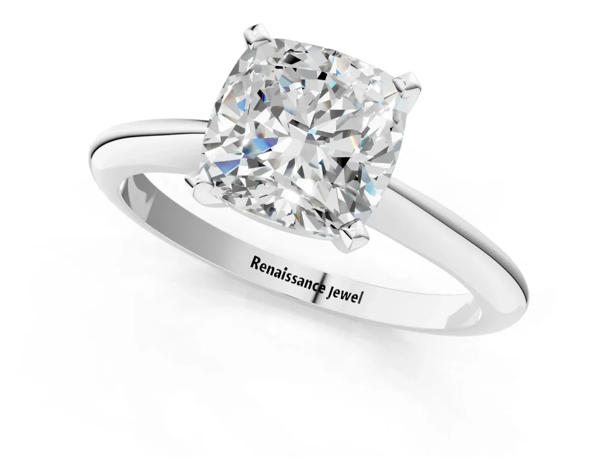 Cushion Cut Diamond Solitaire Engagement Ring with Classic Band and Four-Prong Setting Silver