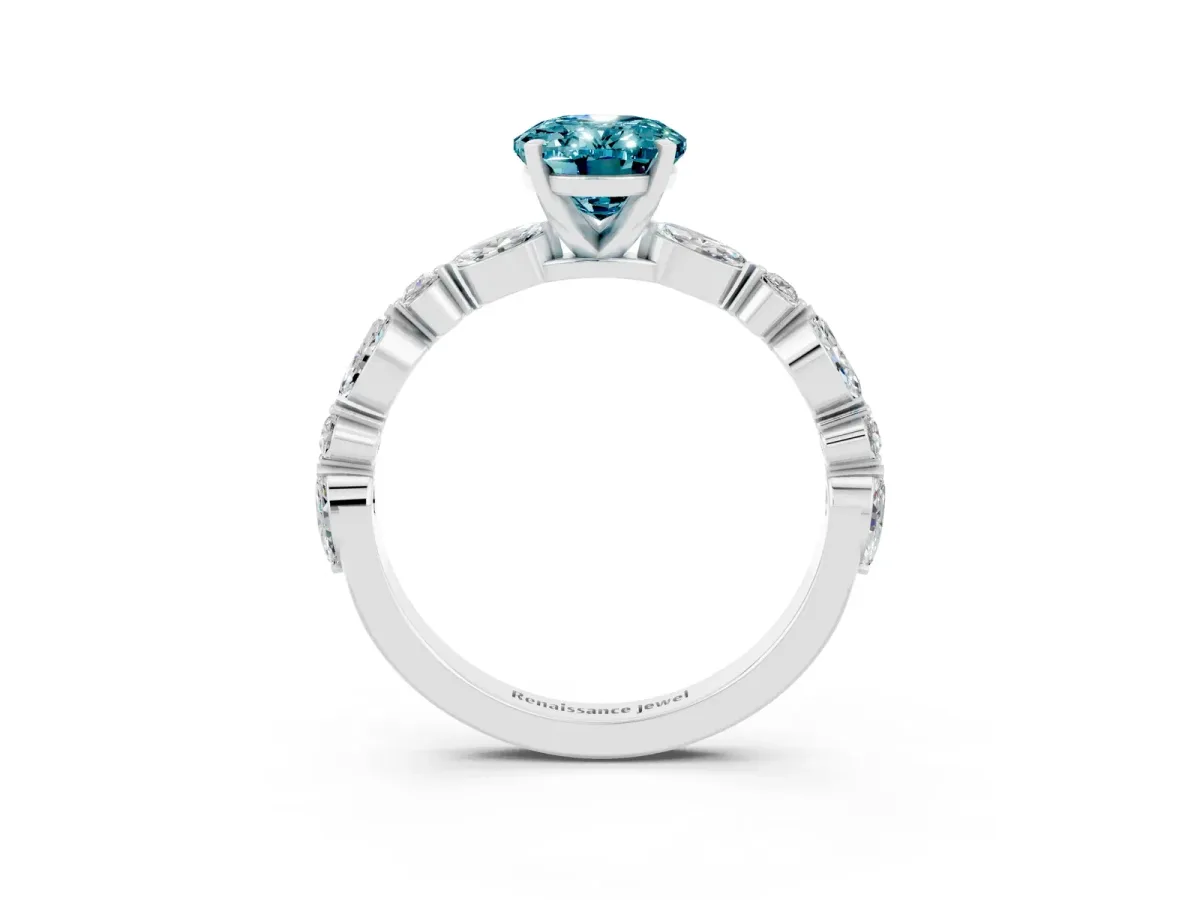 Oval Cut Blue Topaz Ring with Marquise and Round Side Stones and Four-Prong Setting Silver