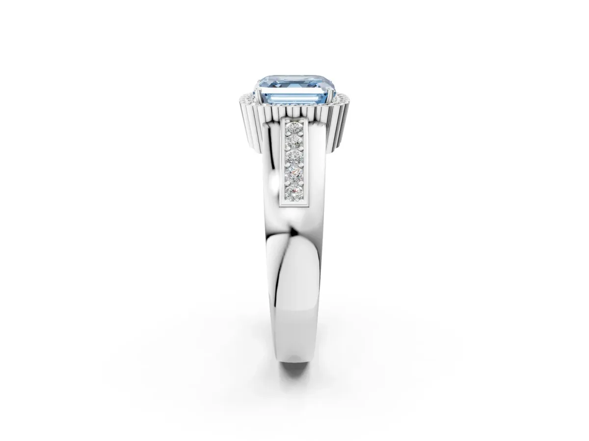 Fancy Blue Asscher Cut Cut Halo Pave Band Four-Prong Ring Platinum