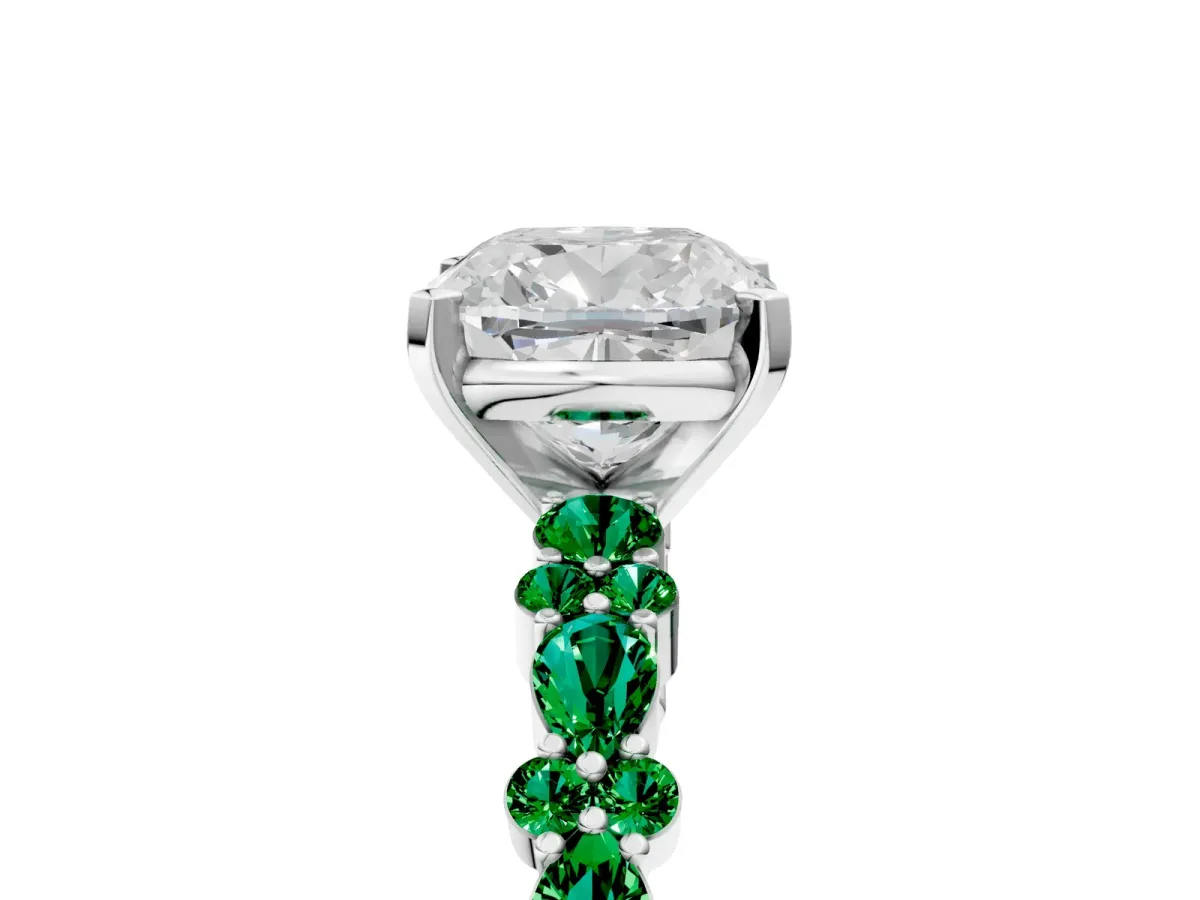Cushion Cut Diamond Side Stone Solitaire Ring with Round Emerald and Four-Prong Setting White gold