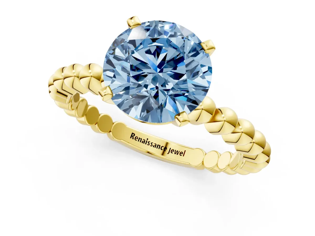Fancy Blue Round Cut Diamond Solitaire Ring with Beaded Band and Prong Setting Yellow gold