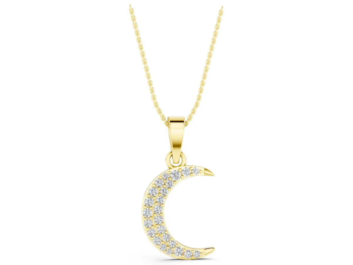Pavé Round Diamond Crescent Pendant with Four-Prong Setting Yellow gold