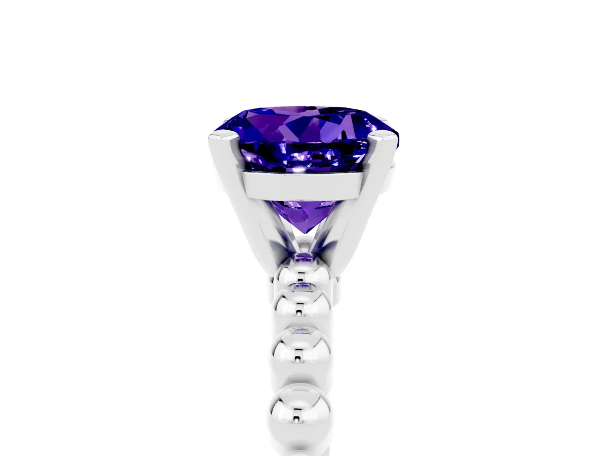 Round Cut Tanzanite Solitaire Ring with Beaded Band and Prong Setting Silver