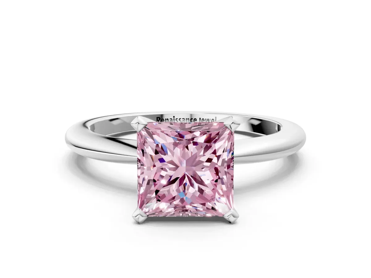 Fancy Pink Princess Cut Diamond Solitaire Ring with Six-Prong Setting and Classic Band Silver