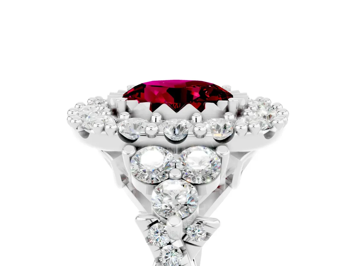 Round Cut Garnet Halo Ring with Pavé Band and Four-Prong Setting Silver
