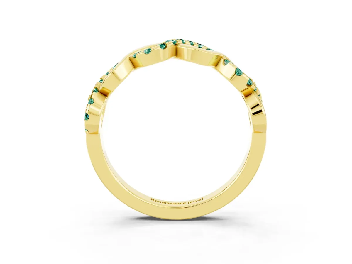 Twist Infinity Round Green Sapphire Band with Pavé Setting Yellow gold