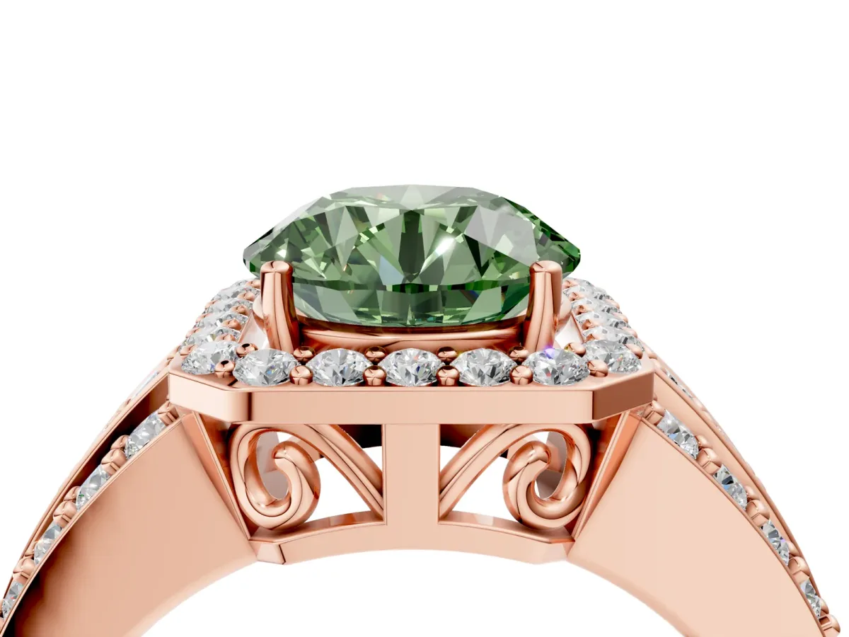 Fancy Green Round Cut Halo Diamond Ring with Round Split Shank and Prong Setting Rose gold