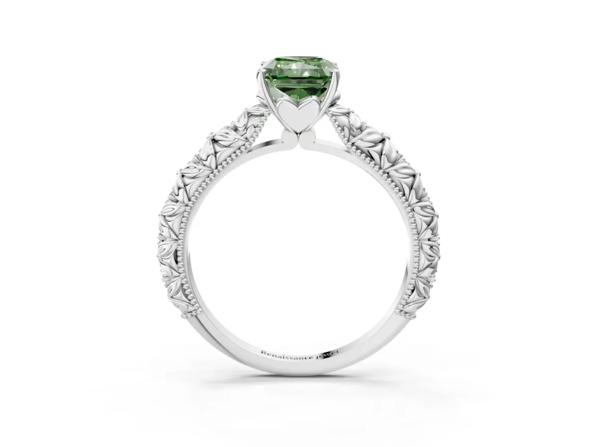 Fancy Green Radiant Cut Solitaire Floral Milgrain Engagement Ring Platinum