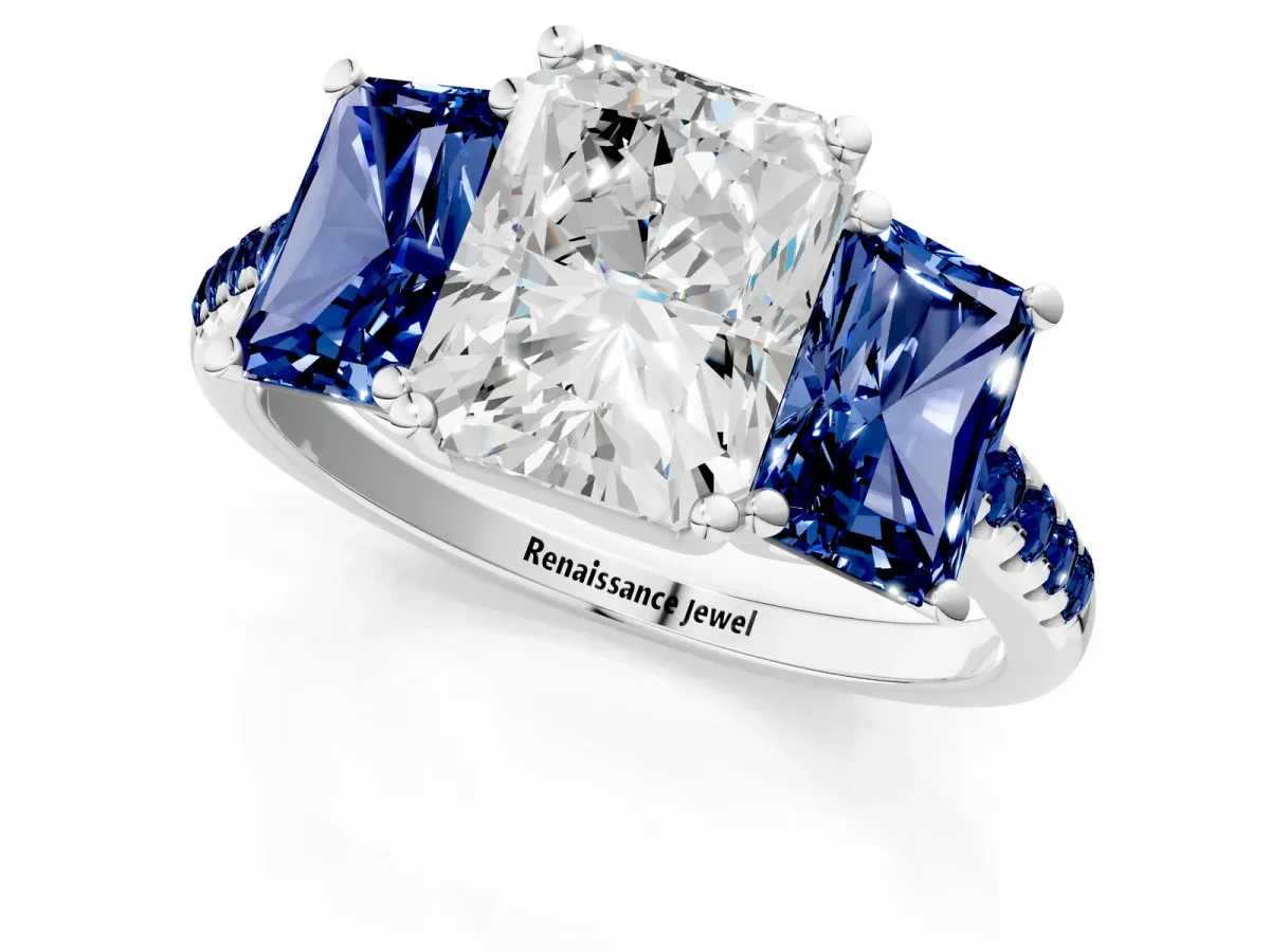 Three-Stone Radiant Cut Diamond Ring with Round Blue Sapphire Pavé Band and Prong Setting Silver