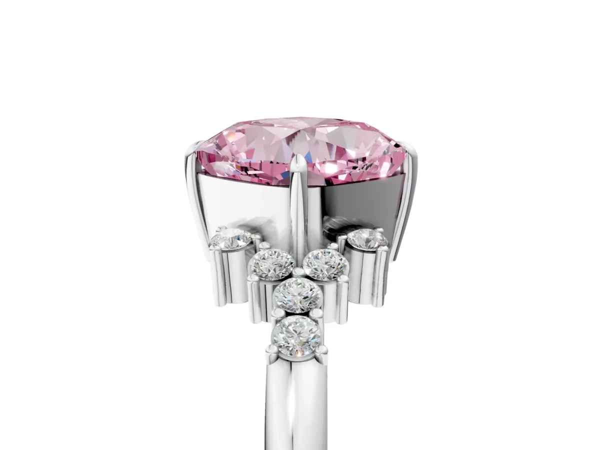Fancy Pink Cushion Cut Diamond Ring with Side Stones and Four-Prong Setting Silver