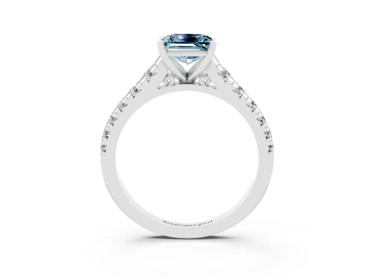 Princess Cut Aquamarine Cathedral Solitaire Ring with Round Pavé Band Silver