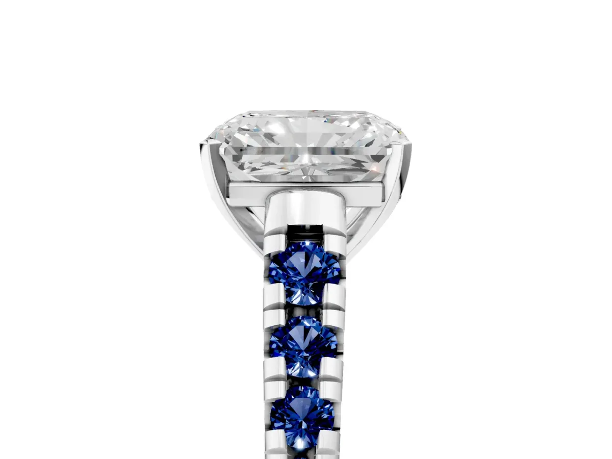 Radiant Cut Diamond Cathedral Solitaire Ring with Round Blue Sapphire Pavé Band Silver