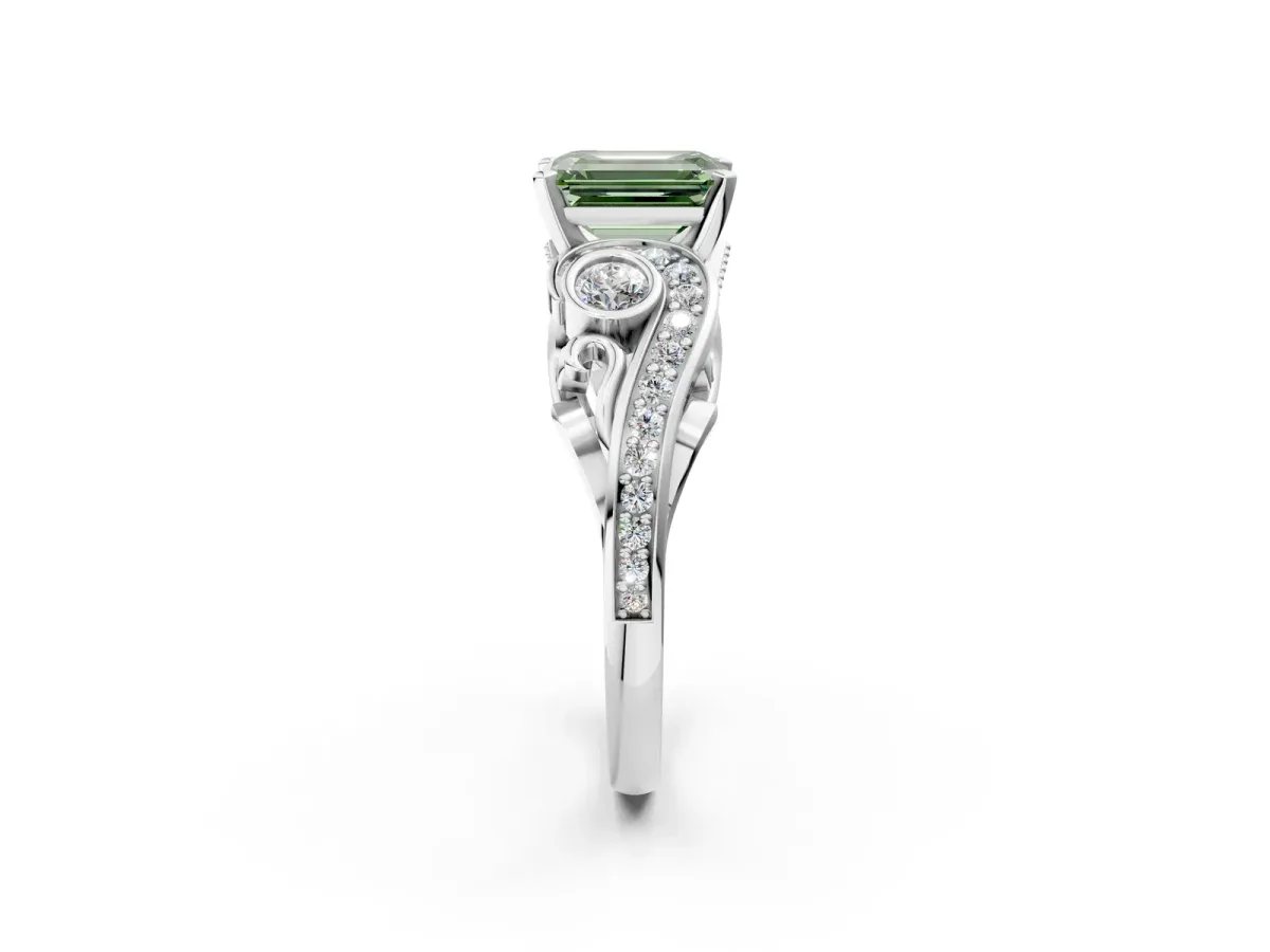 Fancy Green Emerald Cut Diamond Solitaire Ring with Milgrain Pavé Band and Four-Prong Setting Silver