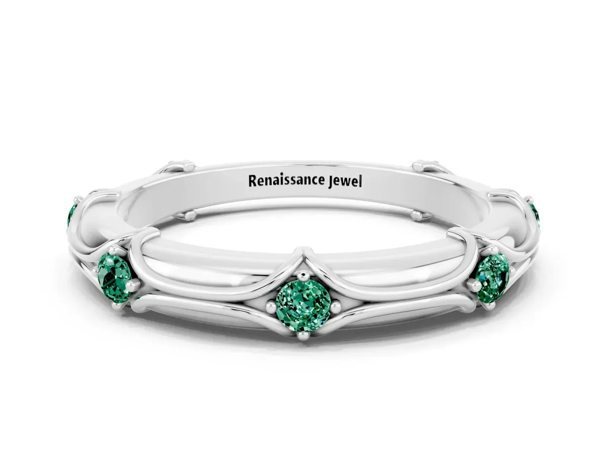 Round Green Sapphire Prong Set Milgrain Eternity Band Silver