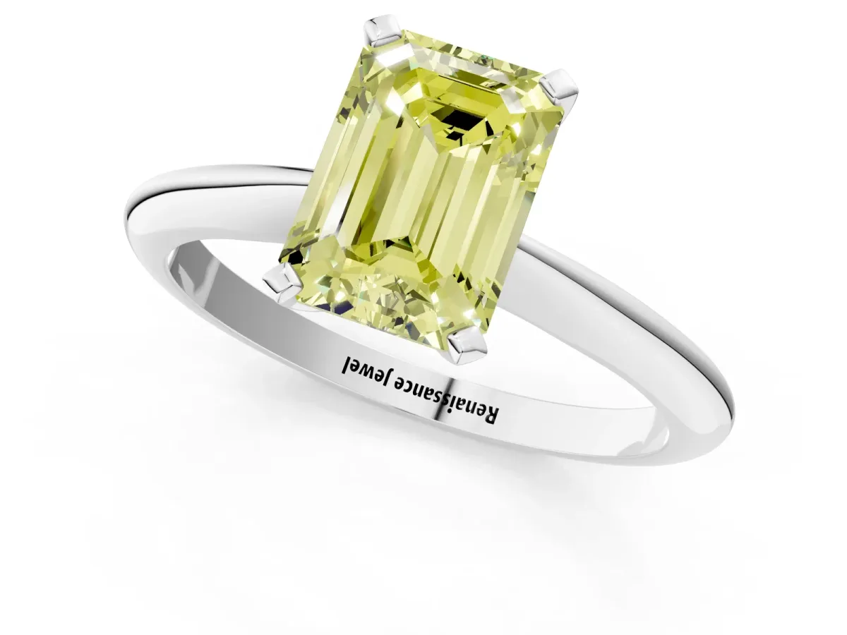 Fancy Yellow Emerald Cut Diamond Solitaire Engagement Ring with Classic Band and Four-Prong Setting Silver