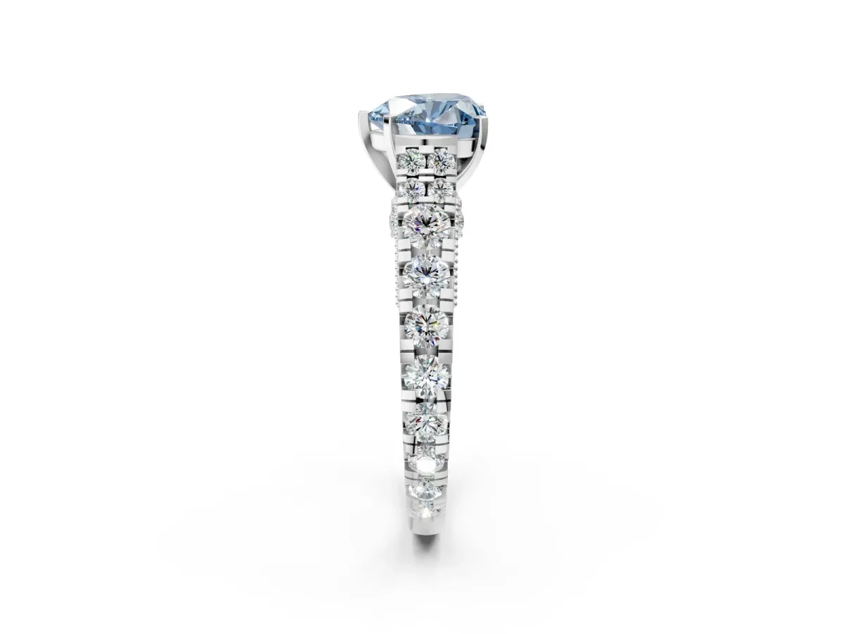 Fancy Blue Heart Cut Diamond Classic Solitaire Ring with Pavé Band and Four-Prong Setting Silver